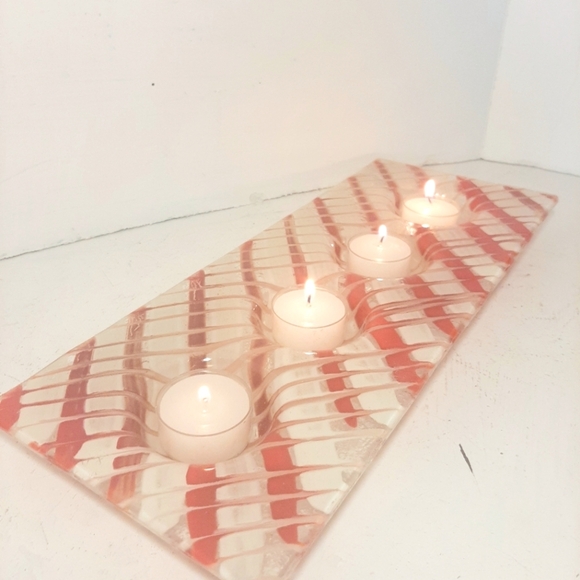 Fused glass Tealight Tangerine and White Candle Holder - Picture 1 of 4